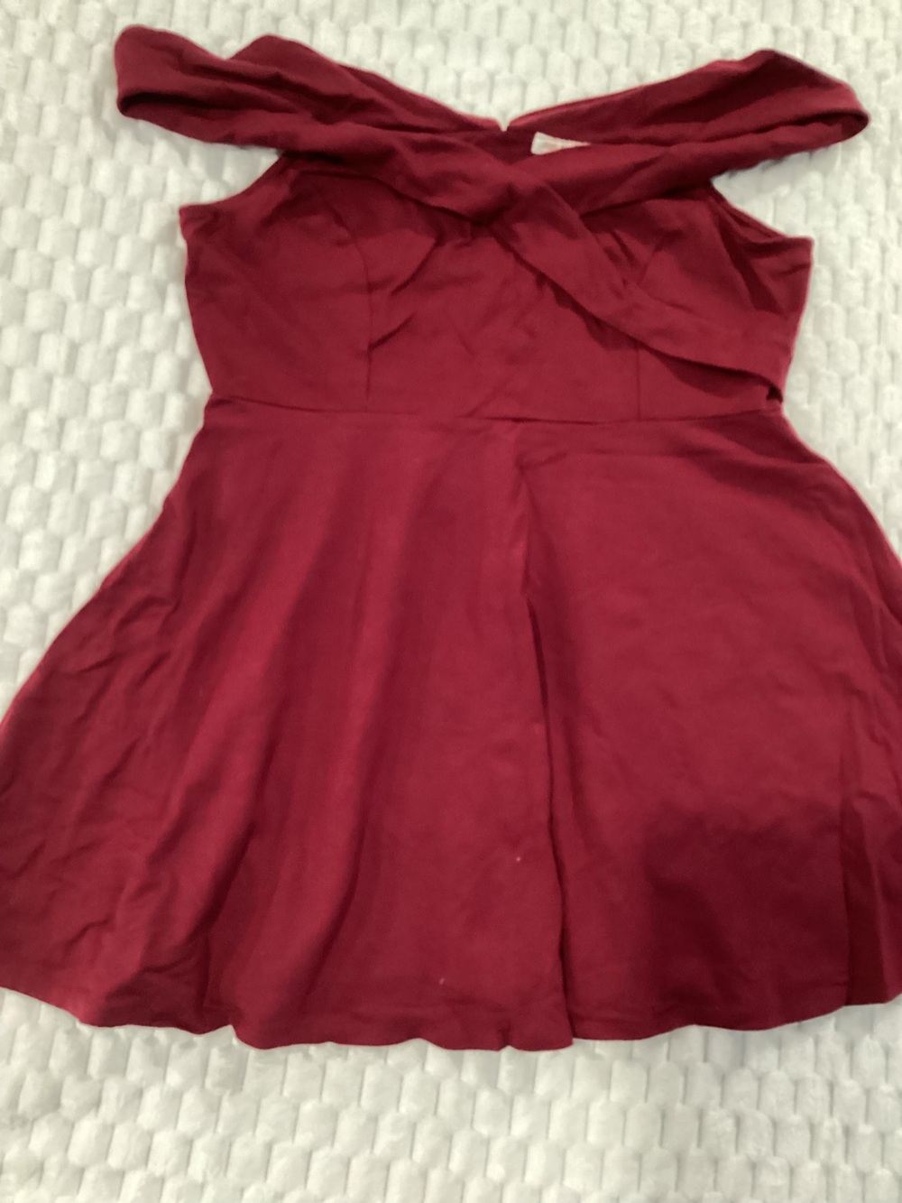 Off-Shoulder Burgundy Mini Dress with Cross-Over Bodice